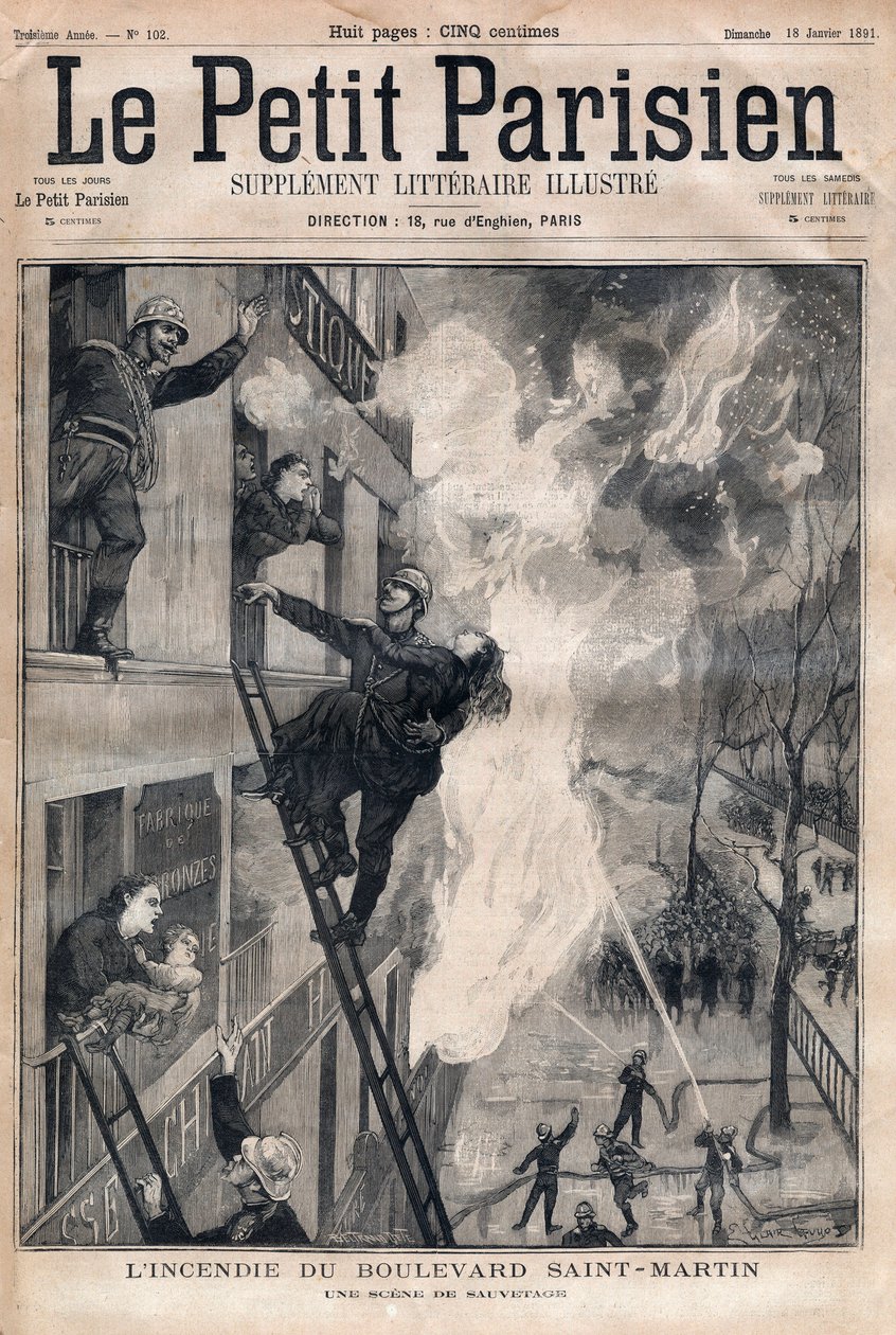 Brannmann i Paris: redningssted under brannen på Boulevard Saint-Martin. Gravering i “” Le petit Parisien”” fra 1891. Privat samling. av Anonymous Anonymous