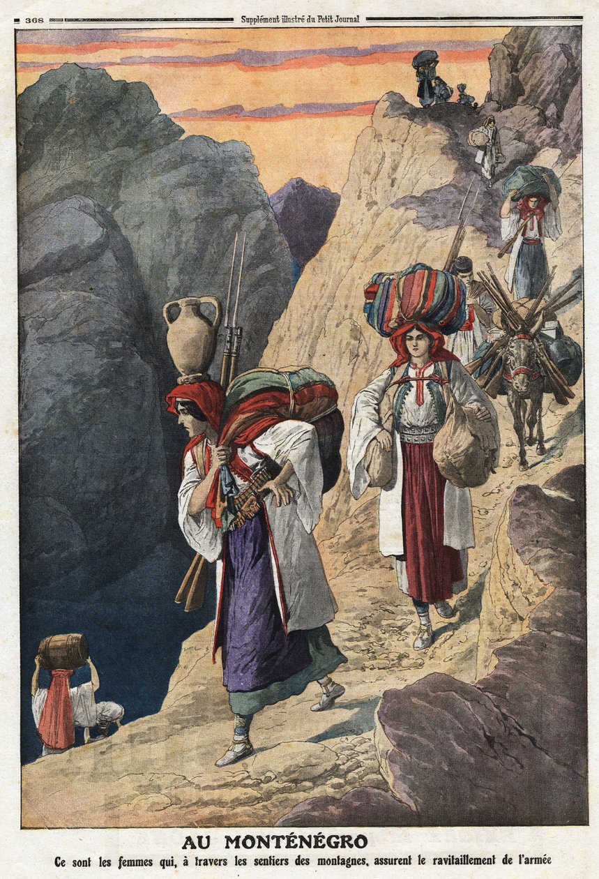 Første Balkan-krig (Balkan): Montenegrinske kvinner krysser fjellene til fots for å sikre tilførsel av våpen. Illustrasjon hentet fra "" Le Petite Journal"" 17/11/1912 Privat samling. av Anonymous Anonymous