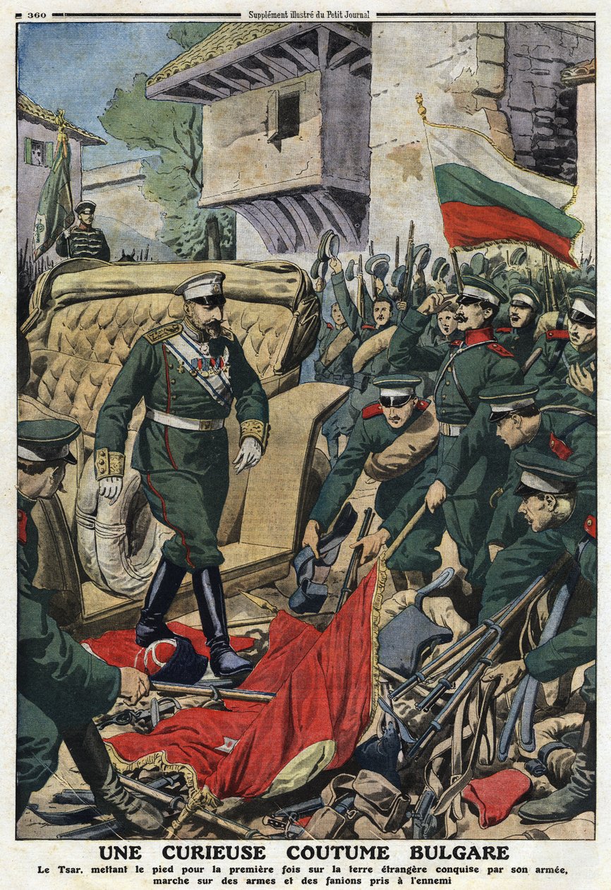 Første Balkankrig (Balkan): Tsar Ferdinand I av Bulgaria (1861-1948) marsjerer mot fremmede land erobret av hæren hans i Mustapha-Pasha (Mustapha Pasha), nå Ferdinandovo, pietiner fiendenes våpen og vimpler""" illustrasjon fra " The Little Journal"" av Anonymous Anonymous