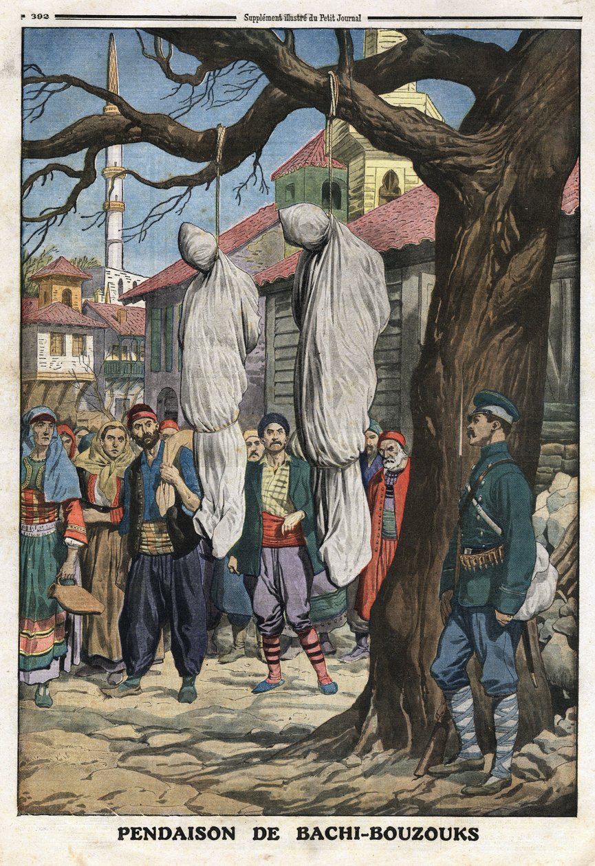 First Balkan war (Balkan): hanging of Bachibuzuk (Bachibuzuk, Bachi Buzuk), mercenary horsemen of the Ottoman army, robbers and looters, captured by the Bulgarian army in the village of Ketcheukeli. Illustration taken from “” Le Petite Journal”” 08/12/1912 av Anonymous Anonymous