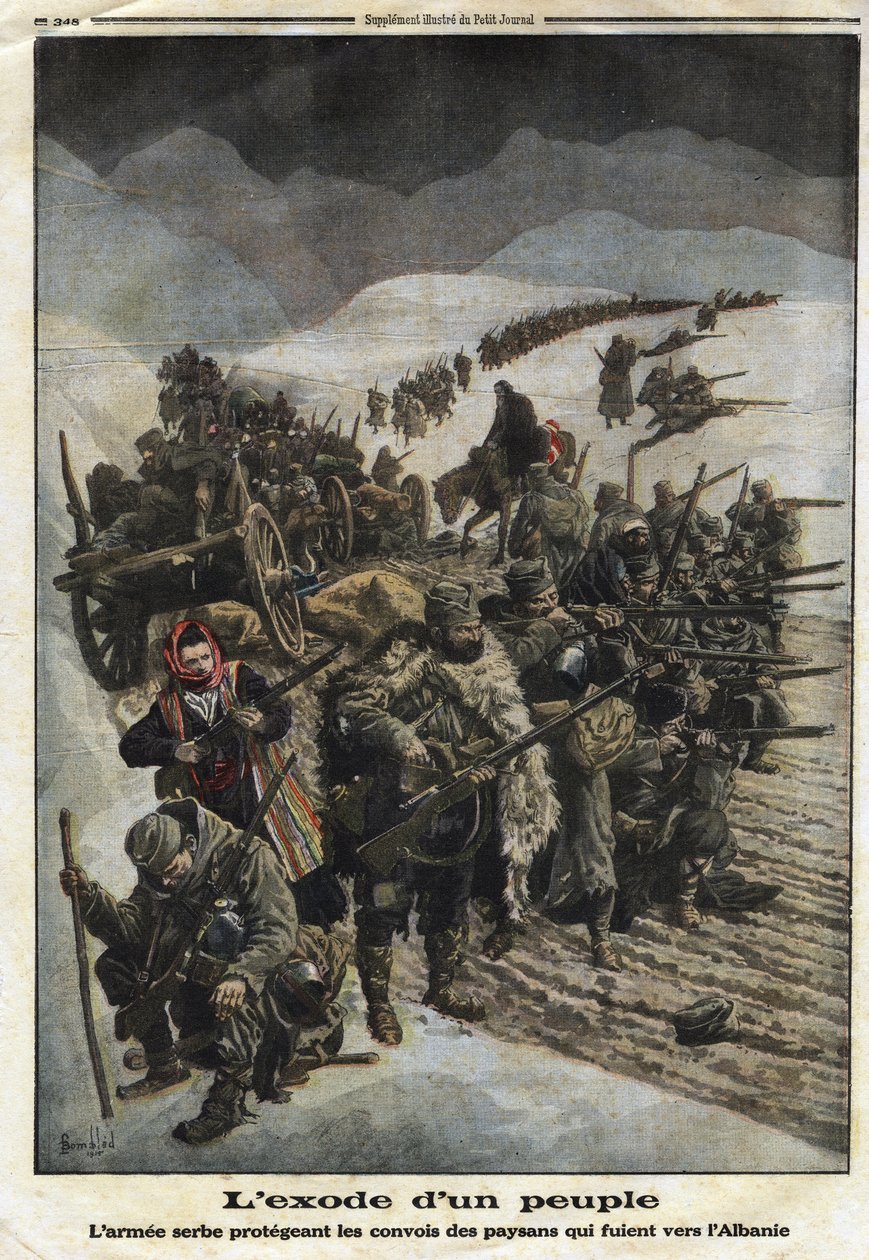 Første verdenskrig 1914-1918 (14-18): "The Exodus of a People". Den serbiske hæren beskytter konvoiene til bønder som flykter fra Serbia til Albania. Gravering i "" Le Petite Journal"", 26.12.1915. Privat samling. av Anonymous Anonymous