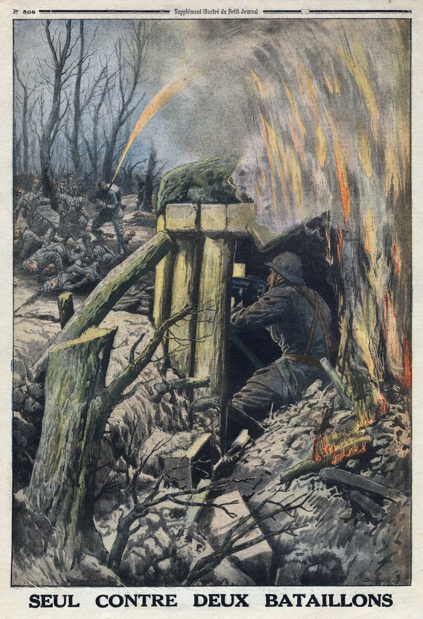 Første verdenskrig 1914-1918 (krig 14-18). En fransk offiser kjemper på egen hånd mot to bataljoner av den tyske hæren i Bois de Caures. I "" Le Petite Journal"", 14.05.1916. Privat samling av Anonymous Anonymous