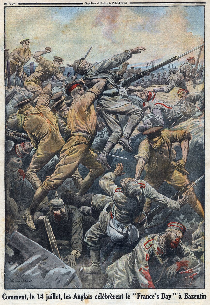 Første verdenskrig 1914-1918 (krig 14-18). Slaget ved Kreta Bazentin 13. og 14. juli 1916 hvor engelskmennene motarbeidet den tyske hæren. I "" Le Petite Journal"", 6.08.1916. Privat samling av Anonymous Anonymous