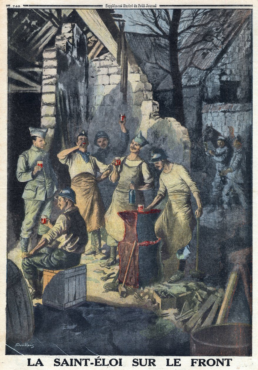 Første verdenskrig 1914-1918 (krig 14-18). Feiring av Saint Eloi (Saint-Eloi) av soldater på fronten. De drikker alle et glass rødvin til festen. I "" Le Petite Journal", 3/12/1916. Privat samling av Anonymous Anonymous
