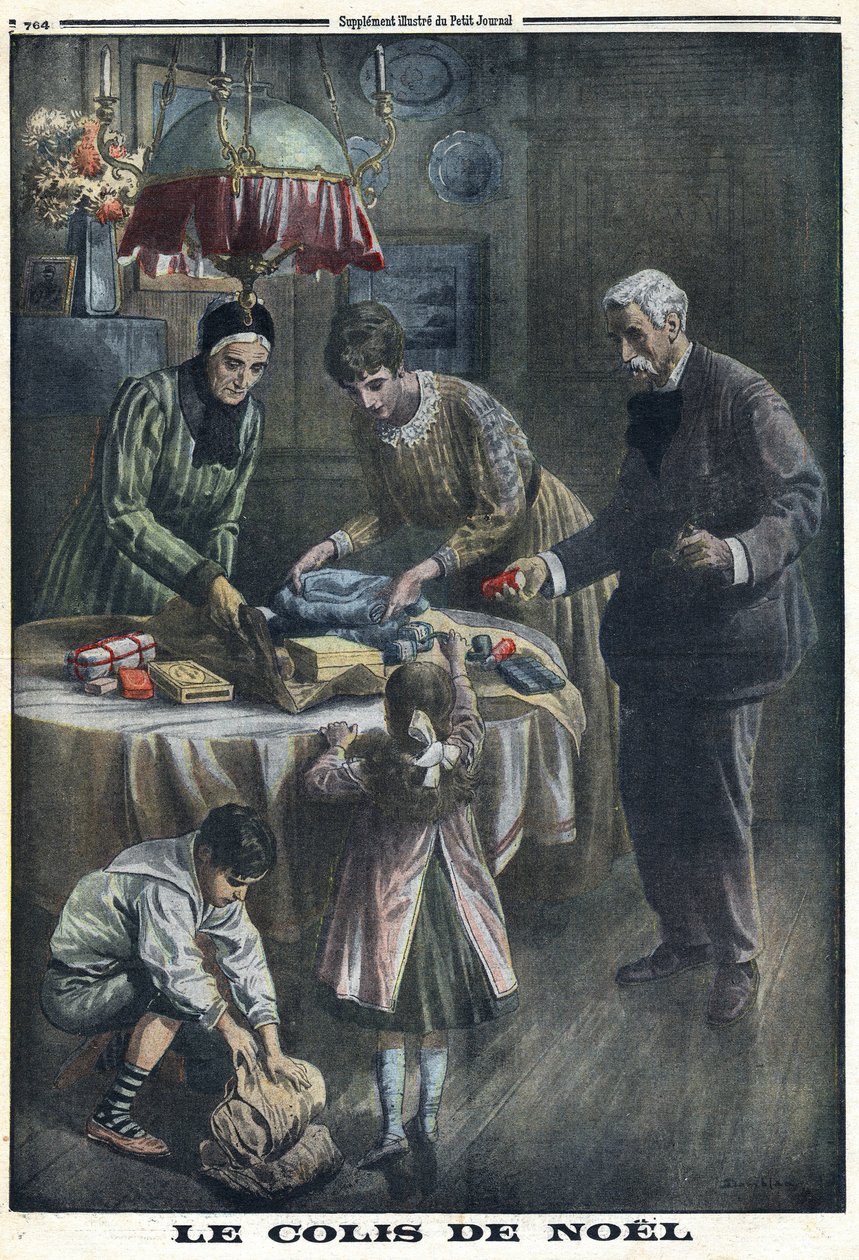 Første verdenskrig 1914-1918 (krig 14-18). Julegave: Barn mottar og pakker ut pakker de fikk av faren sin på slagmarken på julaften. I "" Le Petite Journal"", 24.12.1916. Privat samling av Anonymous Anonymous
