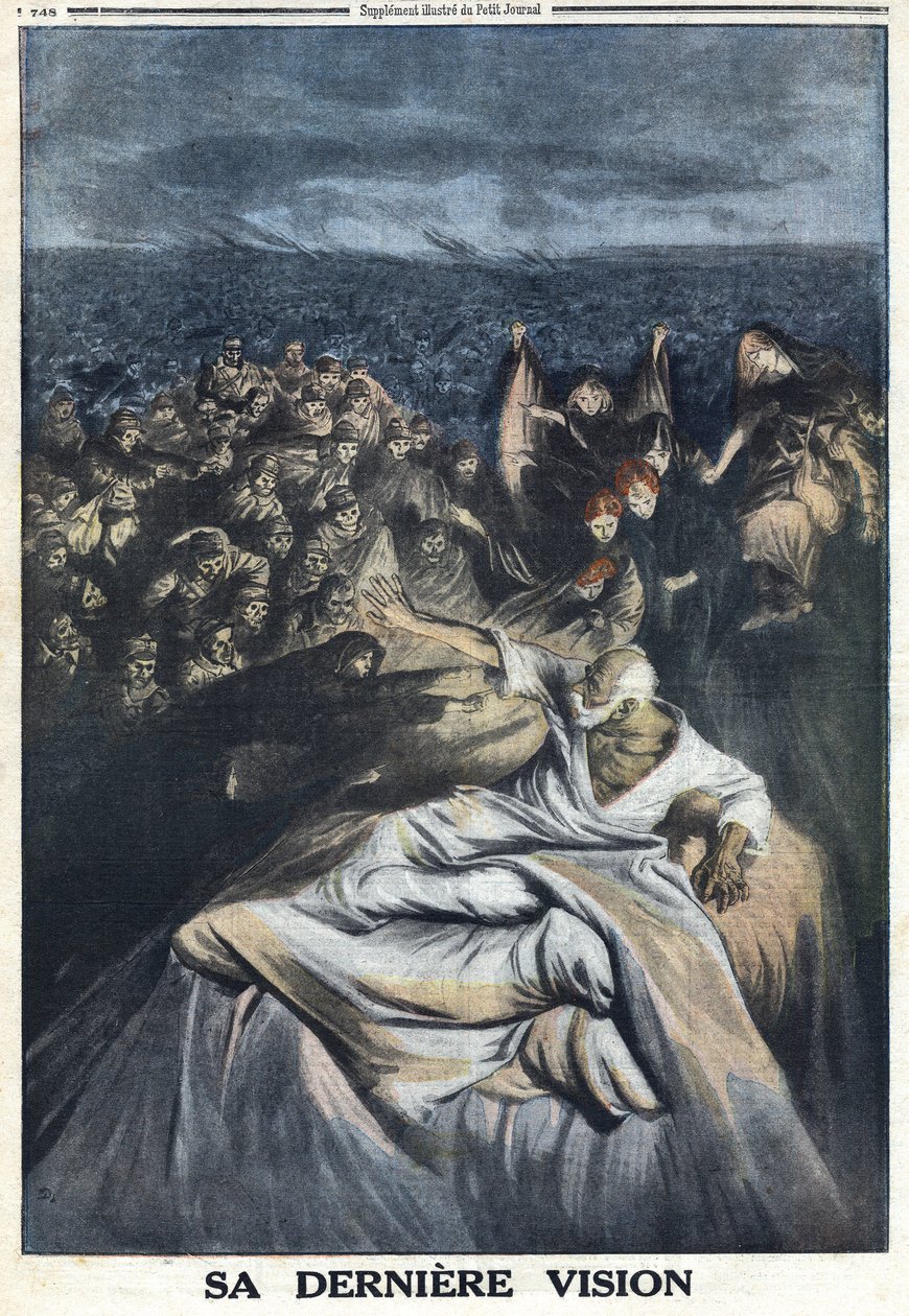 Første verdenskrig 1914-1918 (krig 14-18). Død av Francois Joseph I av Østerrike (1830-1916). Hans siste visjon representert her gjør ham skyldig i alle de beryktede forbrytelsene han har begått. I "" Le Petité Journal" av Anonymous Anonymous