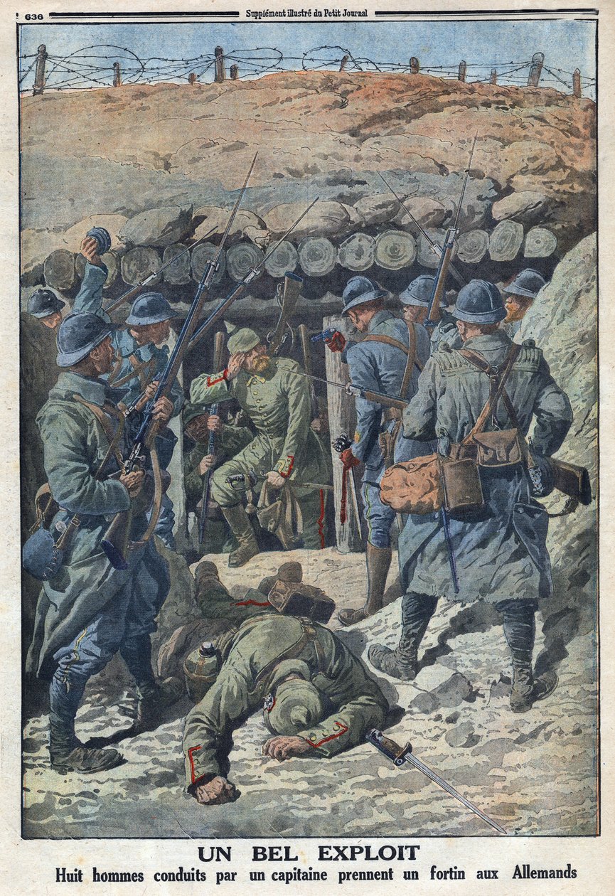 Første verdenskrig 1914-1918 (krig 14-18). Åtte soldater fra den franske hæren ledet av en kaptein tok et fort fra tyskerne. I "" Le Petité Journal", 3.09.1916. Privat samling av Anonymous Anonymous