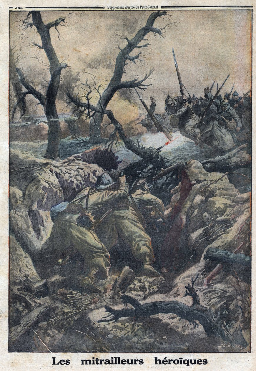 Første verdenskrig 1914-1918 (krig 14-18). Franske maskingeværere som skyter mot tysk militærangrep. I "" Le Petite Journal"", den 9/04/1916. Privat samling av Anonymous Anonymous