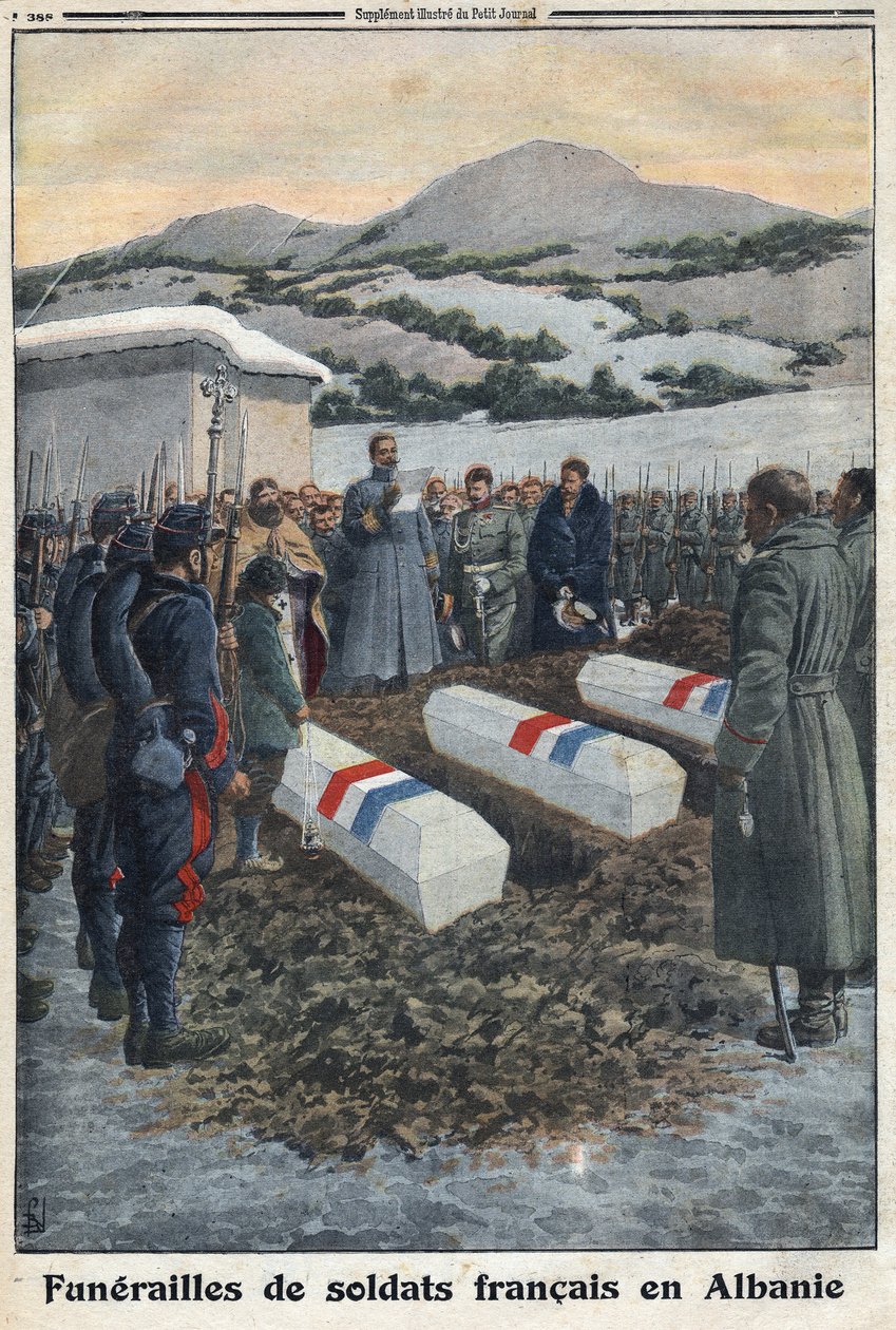 Første verdenskrig 1914-1918 (krig 14-18). Begravelse av franske soldater i Albania. I "" Le Petite Journal" av Anonymous Anonymous