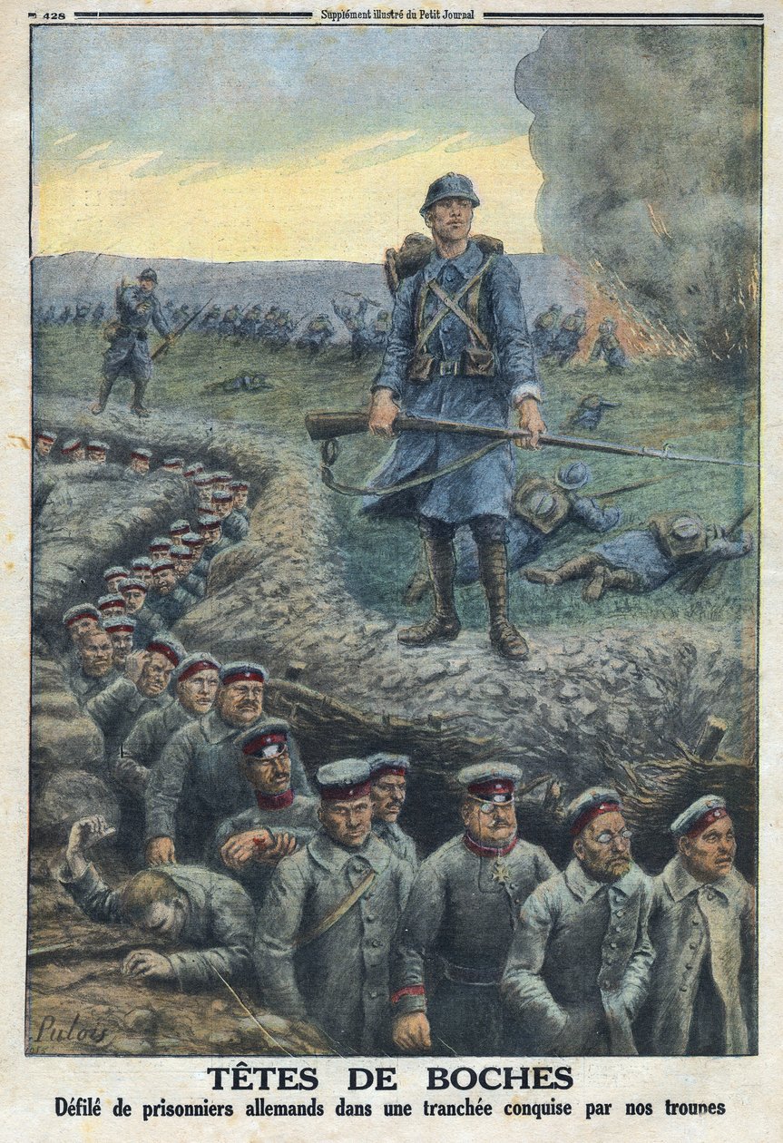 Første verdenskrig 1914-1918 (krig 14-18). "" Headheads"": besmitter tyske fanger i en skyttergrav erobret av troppene til den franske hæren. I "" Le Petité Journal"", 5/03/1916. Privat samling av Anonymous Anonymous
