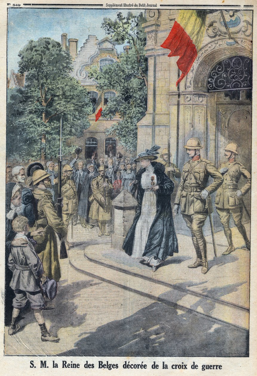 Første verdenskrig 1914-1918 (krig 14-18). Hennes Majestet dronningen av belgierne Elisabeth de Baviere (1876-1965) ble tildelt krigskorset. I "Le Petite Journal" av Anonymous Anonymous