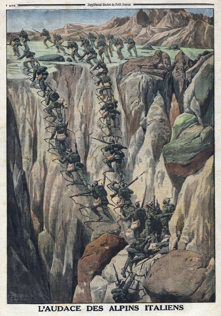 Første verdenskrig 1914-1918 (krig 14-18). Italienske soldater klatrer toppen av Cauriol i Fiemme-alpene i Italia. I "" Le Petite Journal", 8. oktober av Anonymous Anonymous