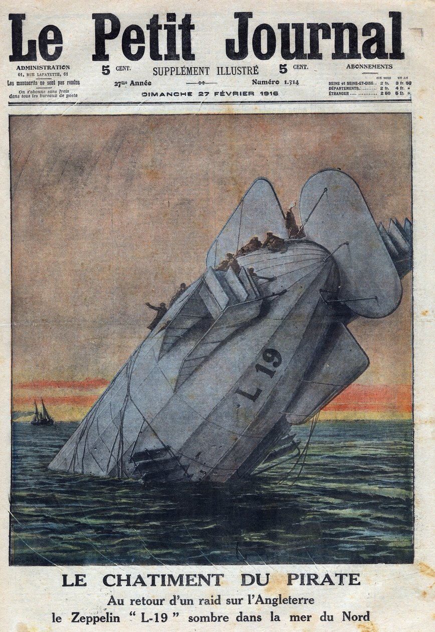 Første verdenskrig 1914-1918 (krig 14-18). Da et raid mot England kom tilbake, sviktet Zeppelin L-19 fra det tyske luftforsvaret i Nordsjøen. I "" Le Petite Journal"", 27.02.1916. Privat samling av Anonymous Anonymous