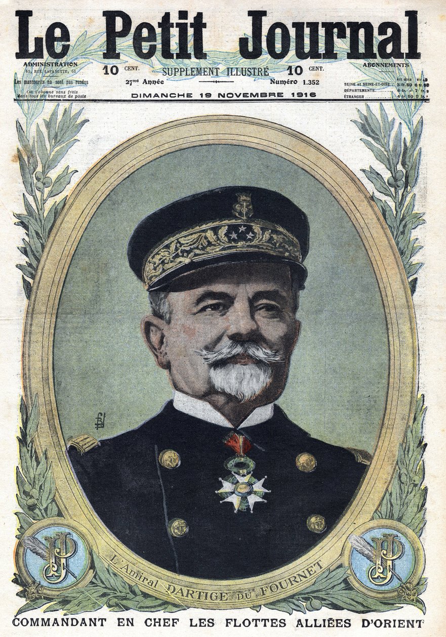 Første verdenskrig 1914-1918 (krig 14-18). Portrett av admiral Dartige du Fournet øverstkommanderende for de allierte flåtene i Orienten. I "" Le Petite Journal"", den 19/11/1916. Privat samling av Anonymous Anonymous