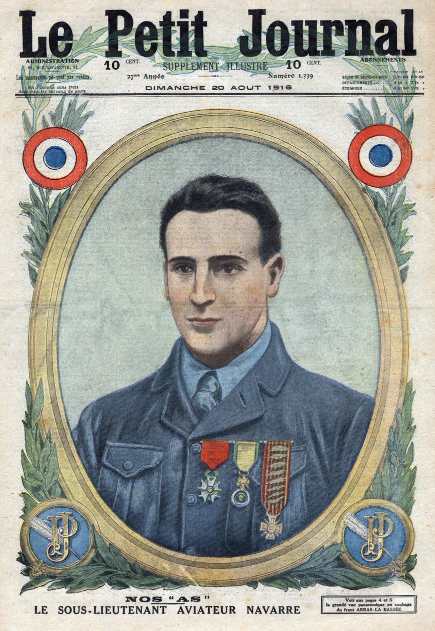 Første verdenskrig 1914-1918 (krig 14-18). Portrett av Jean Navarre (1895-1919) flyger av den franske hæren. I "" Le Petité Journal" av Anonymous Anonymous