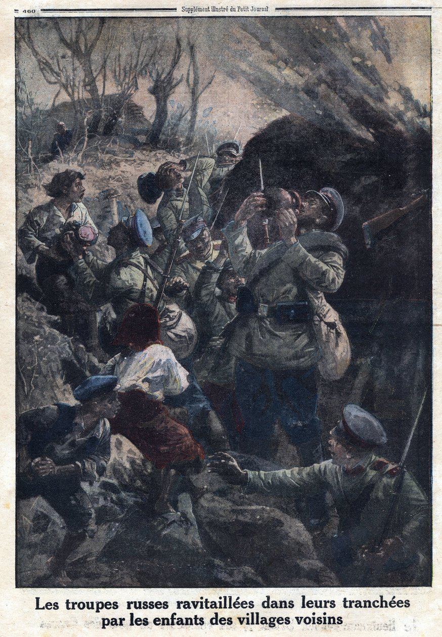 First World War 1914-1918 (War 14-18). Russian military troops refueled in their trenches by children from neighboring villages. In “” Le Petite Journal””, on 02/04/1916. Private Collection av Anonymous Anonymous