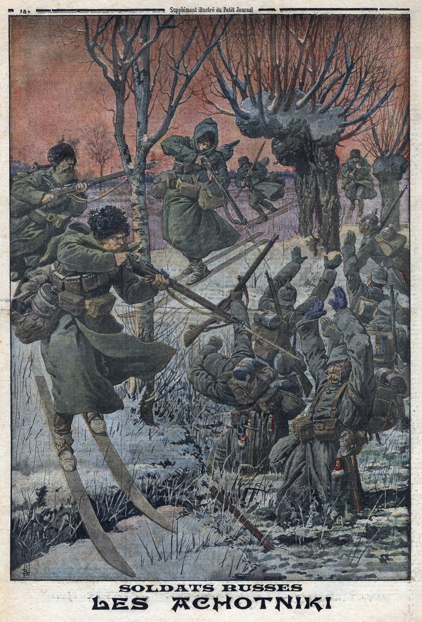 Første verdenskrig 1914-1918 (krig 14-18). Russiske soldater Ahotniki på ski skyter tyske soldater. I "" Le Petite Journal"", 23.01.1916. Privat samling av Anonymous Anonymous