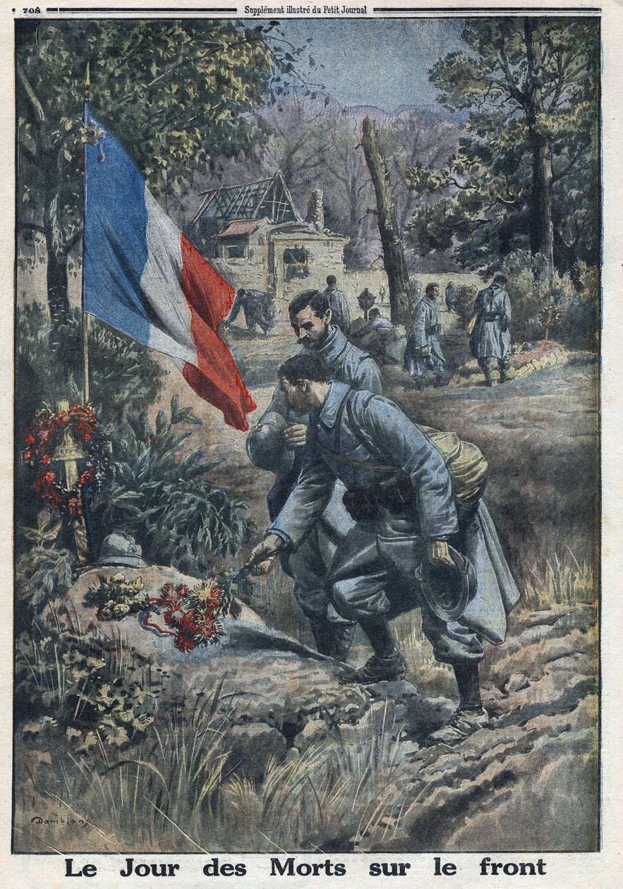 Første verdenskrig 1914-1918 (krig 14-18). De dødes dag på fronten: Soldater på allehelgensdag blomstrer graven til de falne soldatene. I "" Le Petite Journal"", 5/11/1916. Privat samling av Anonymous Anonymous