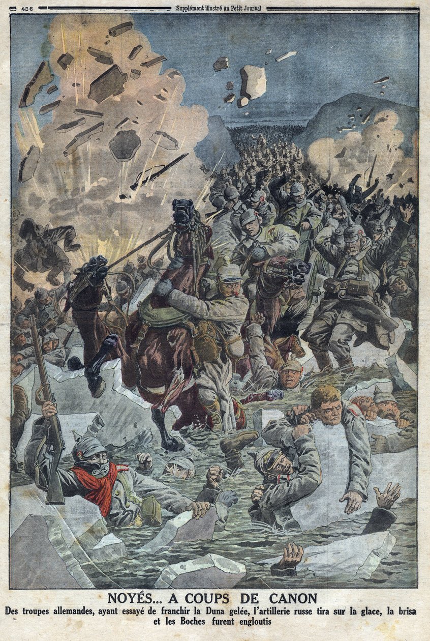 First World War 1914-1918 (War 14-18). The German army tries to cross the river Duna gele but the Russian artillery fired on the ice with a gun and drowned the German army (nicknamed Boche in the text) In “” The Petity Journal”” av Anonymous Anonymous