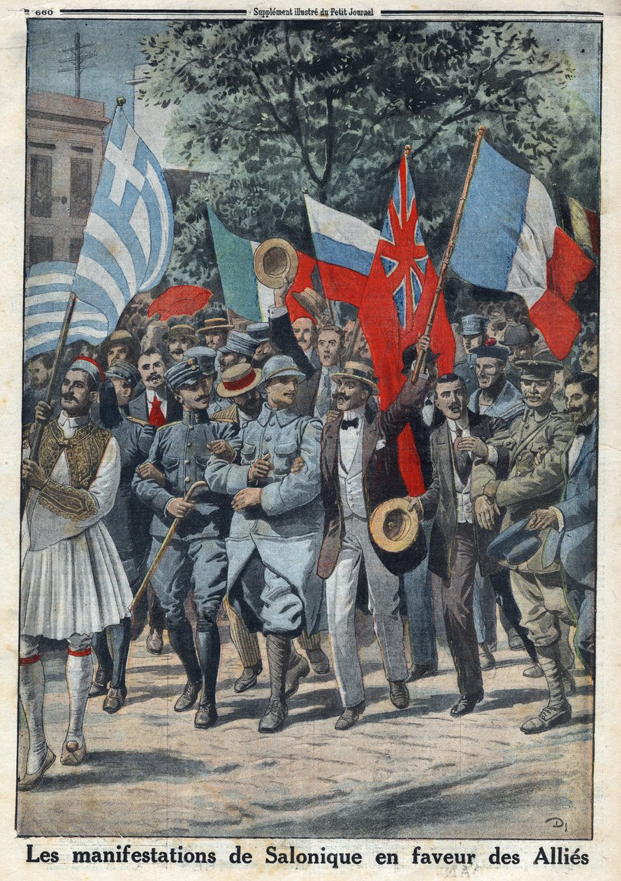 Første verdenskrig 1914-1918 (krig 14-18). Protestene i Saloniki (eller Thessaloniki i Hellas) til fordel for allierte. I "" Le Petite Journal"", 24.09.1916. Privat samling av Anonymous Anonymous