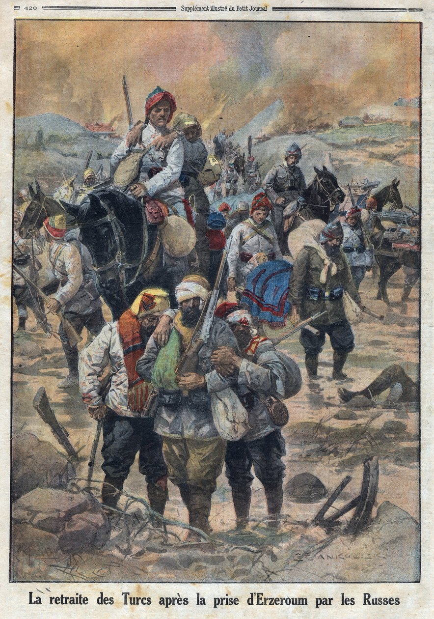 Første verdenskrig 1914-1918 (krig 14-18). Tyrkernes tilbaketrekning etter at russerne tok Erzerum. I "" Le Petite Journal"", 27.02.1916. Privat samling av Anonymous Anonymous