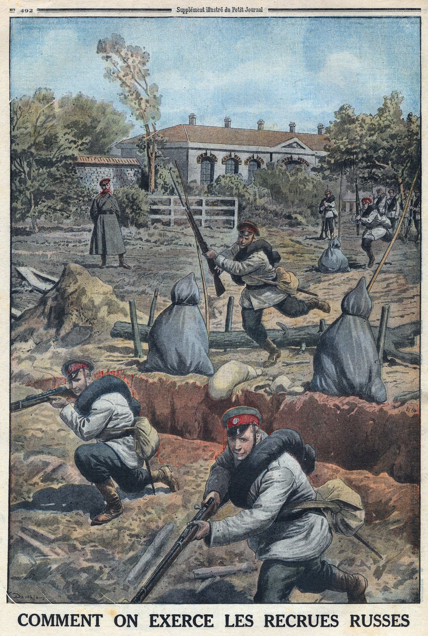 Første verdenskrig 1914-1918 (krig 14-18). Trening av unge soldater rekruttert av den russiske hæren. I "" Le Petite Journal"", 30.04.1916. Privat samling av Anonymous Anonymous