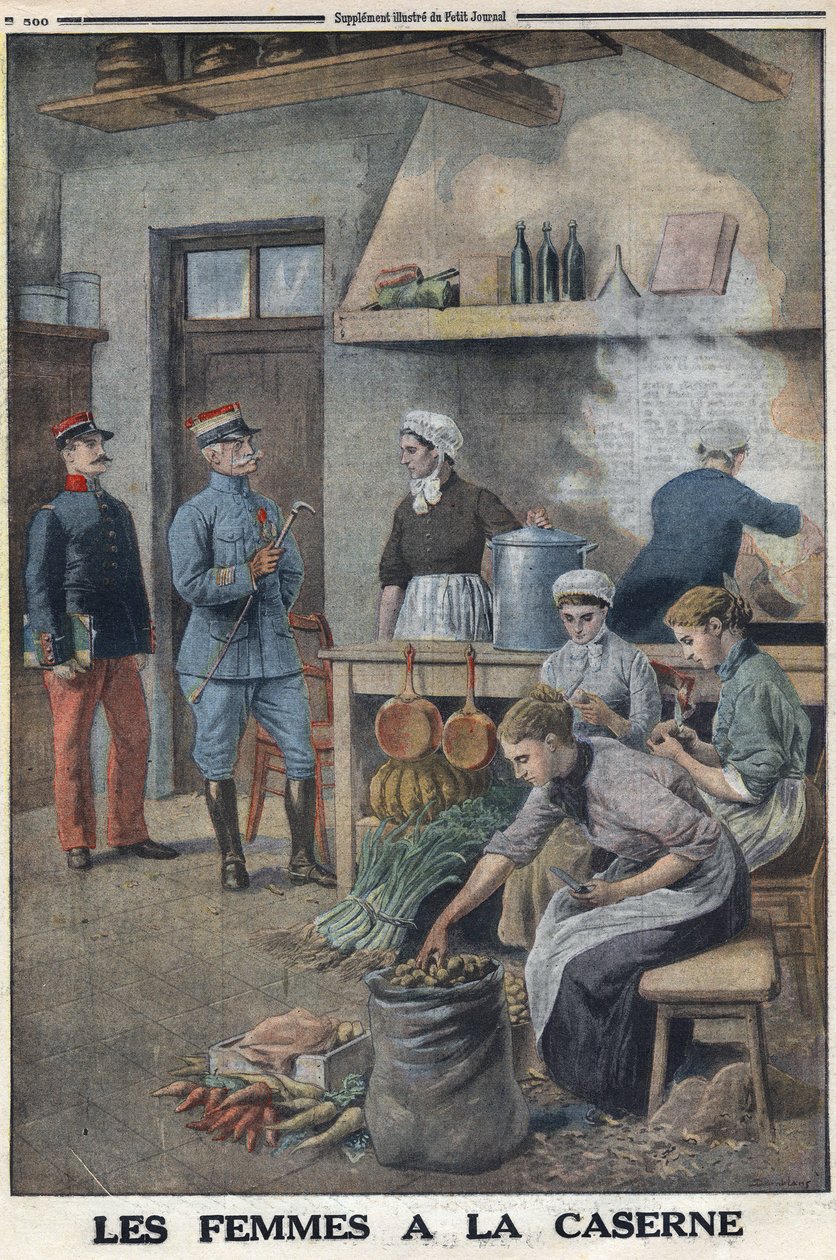 Første verdenskrig 1914-1918 (krig 14-18). Kvinner lager mat i brakkekjøkkenene. Tre kokker i potet corvee, skrell potetene. I "" Le Petite Journal"", 7.05.1916. Privat samling av Anonymous Anonymous
