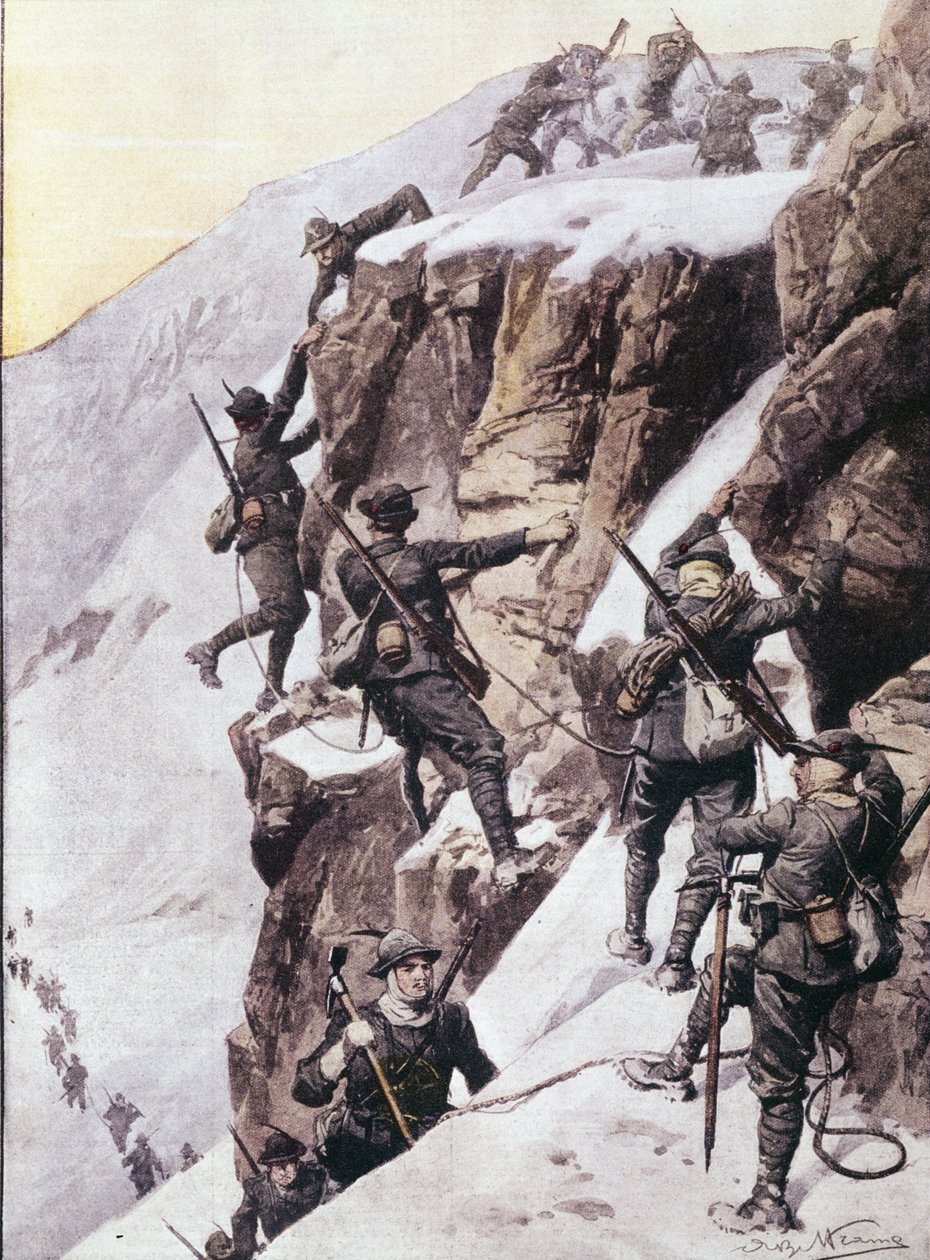 Første verdenskrig: Italienske alpejegere (alpino eller alpini) som klatrer toppen av Tuckettspitze (Tuckett-Spitze eller Tuckett-toppen), Alpene rundt 1915 Illustrasjon fra «La domenica del corriere»» av Anonymous Anonymous