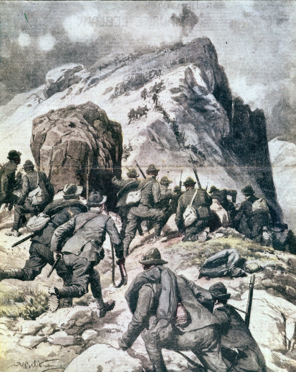 Første verdenskrig: "" Italienske alpejegere (alpino eller alpini) som klatrer til toppen av Cauriol, italienske alper"" 1916 Illustrasjon fra "La domenica del corriere"" av Anonymous Anonymous