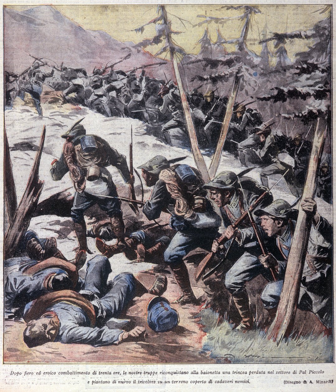 Første verdenskrig: "" Italienske alpejegere (alpino eller alpini) tar tilbake fra fiender Pal Piccolo, italienske alper"" 1916 Illustrasjon fra "La domenica del corriere"" av Anonymous Anonymous