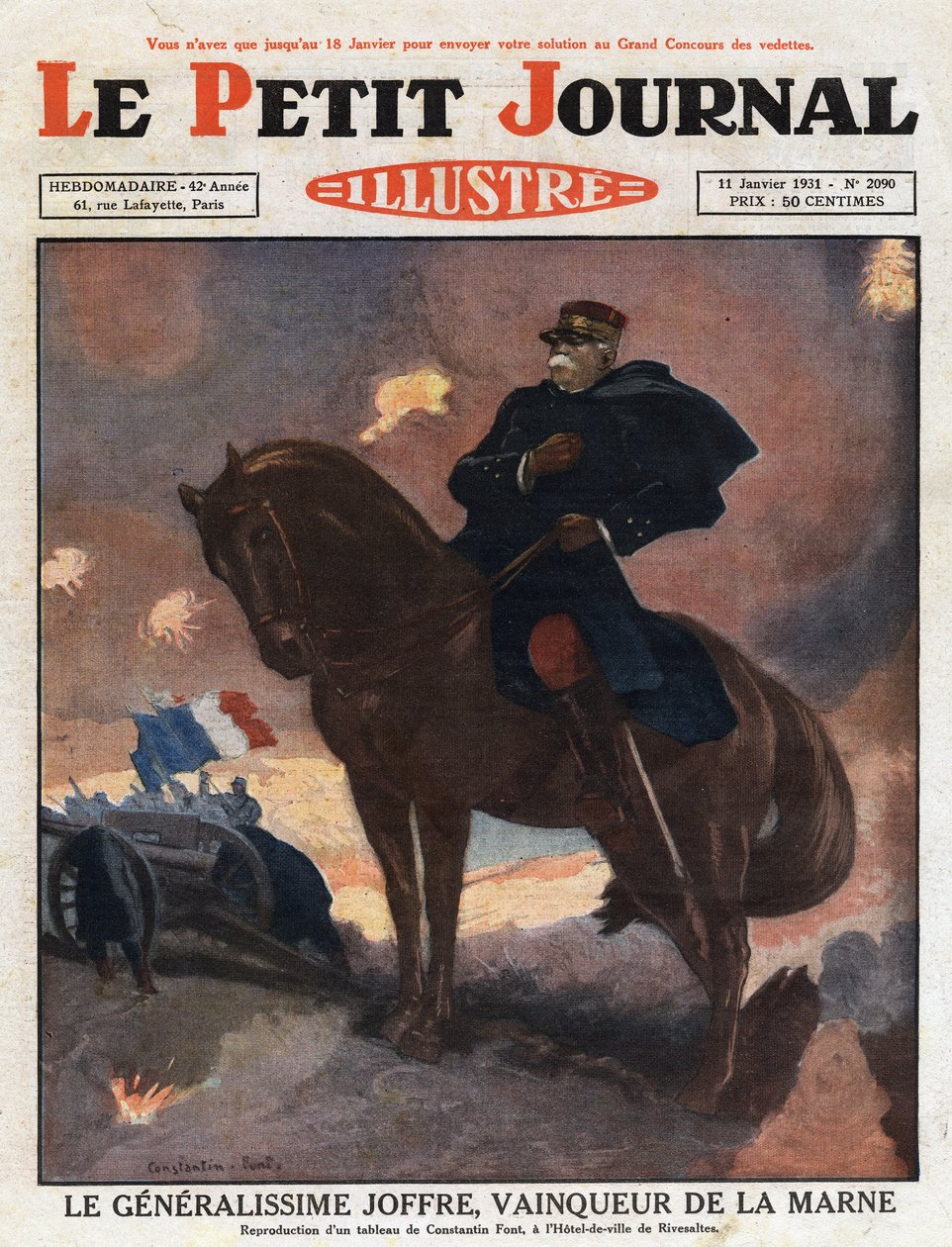 Første verdenskrig: portrett av general Joseph Joffre (1852-1931) på hesteryggen, representert som seierherre på slagmarken i La Marne (september 1914)» Illustrasjon fra et maleri av Constantine Font. Gravering fra "Le petit journal illustrious"& av Anonymous Anonymous