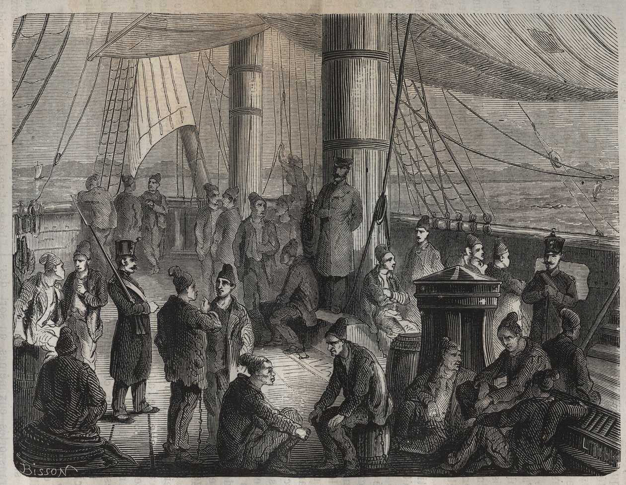 Første konvoi av styrker fra Toulon til Cayenne (Guyana) i henhold til dekretet av 8. desember 1851. Gravering i "Historien om straffedømte fra deres opprettelse til i dag" (1877) av Pierre Zaccone (1817-1895) (Colonia Penale - Penal) koloni). Privat samli av Anonymous Anonymous