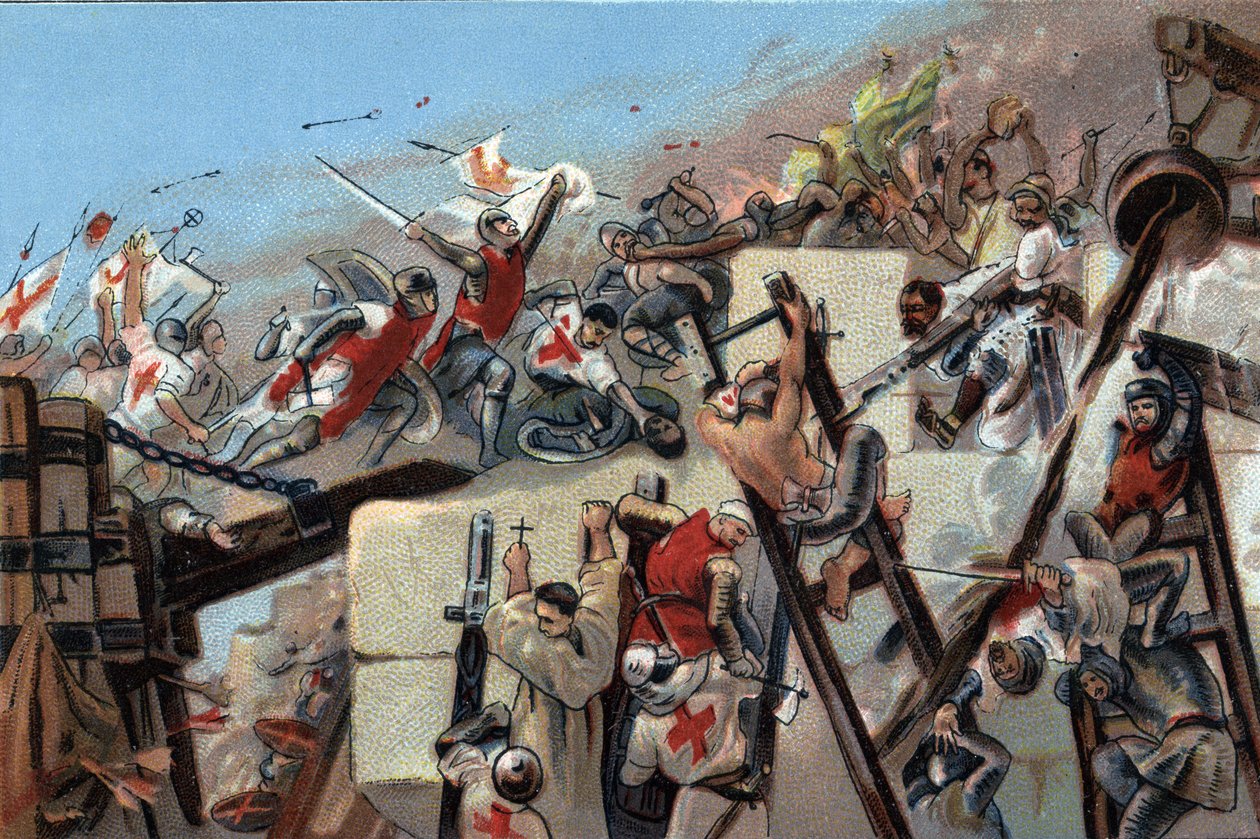 Første korstog (1096-1099): erobringen av Jerusalem av kryssene ledet av Godefroy (Godefroi) av Bouillon (1061-1100) 15. juli 1099. Reklamekromolitografi av Antoine-sjokolade i Brussel, begynnelsen av det 20. århundre. Privat samling av Anonymous Anonymous