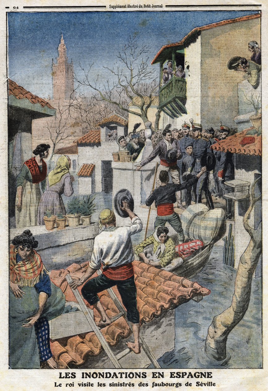 Flom i Spania: Kong Alfonso XIII (1886-1941) besøker de skumle forstedene til Sevilla. Gravering i "" Le Petite Journal"", 25.02.1912. Privat samling. av Anonymous Anonymous