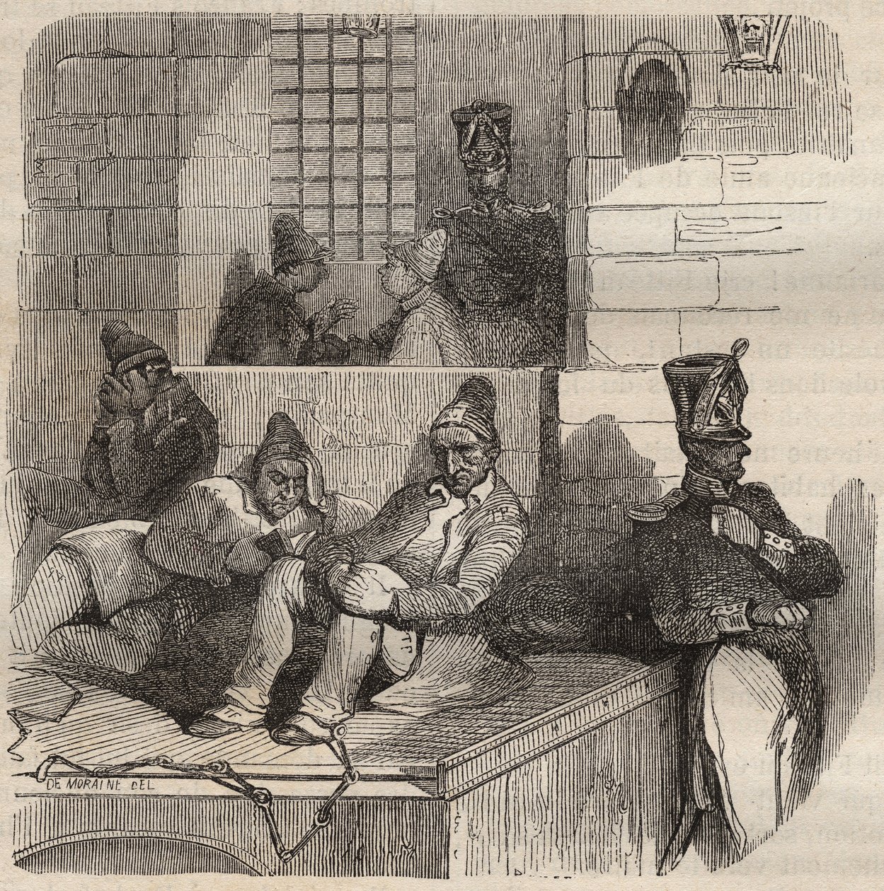 Tvunget til hvile i Rochefort-fengselet på 1800-tallet. Gravering i "Fengselshistorien fra deres opprettelse til i dag"" (1877) av Pierre Zaccone (1817-1895) (Colonia Penale - straffekoloni) av Anonymous Anonymous