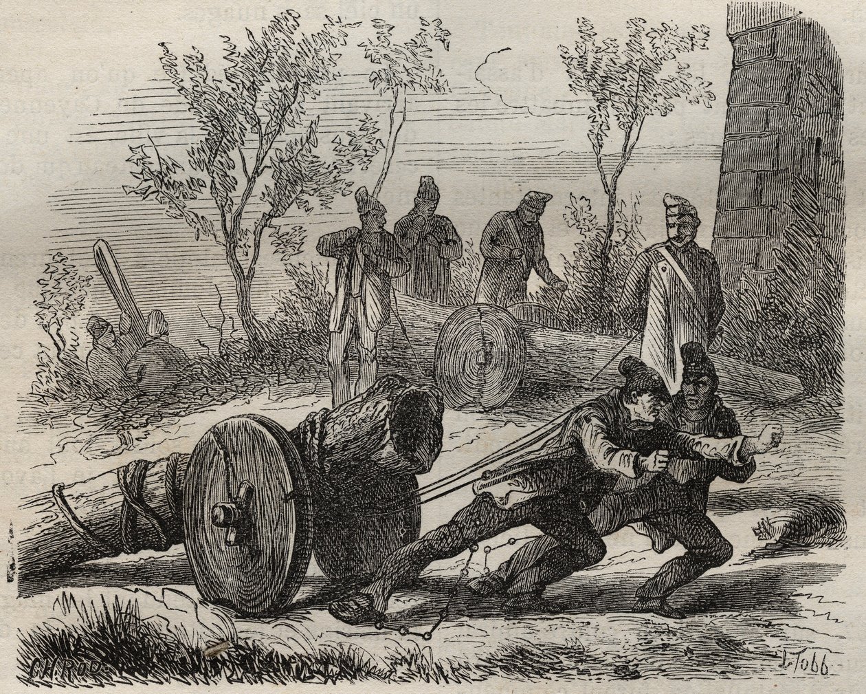 Forcats bucherons ved Toulon Bagne på 1800-tallet. Gravering i «Fangernes historie fra deres skapelse til i dag» (1877) av Pierre Zaccone (1817-1895) (Colonia Penale - Straffekoloni). Privat samling. av Anonymous Anonymous