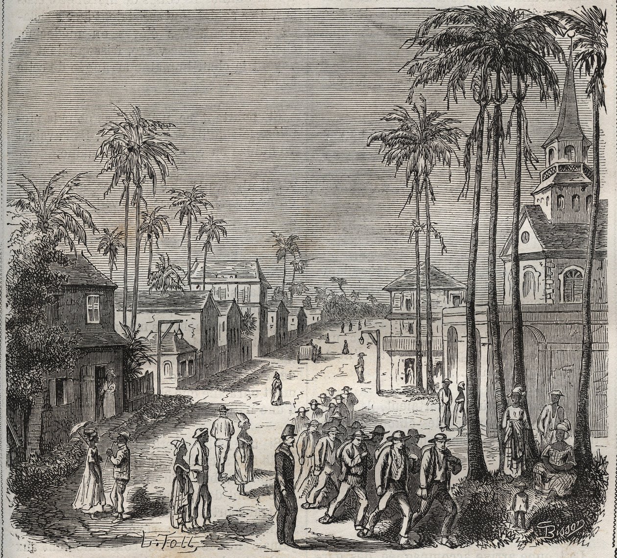 Forkatter som skal jobbe ved tukthuset Saint-Laurent (Saint-Laurent) i Cayenne (Fransk Guyana) på 1800-tallet. Gravering i "Fengselshistorien fra deres opprettelse til i dag"" (1877) av Pierre Zaccone (1817-1895) (Colonia Penale - straffekoloni) av Anonymous Anonymous