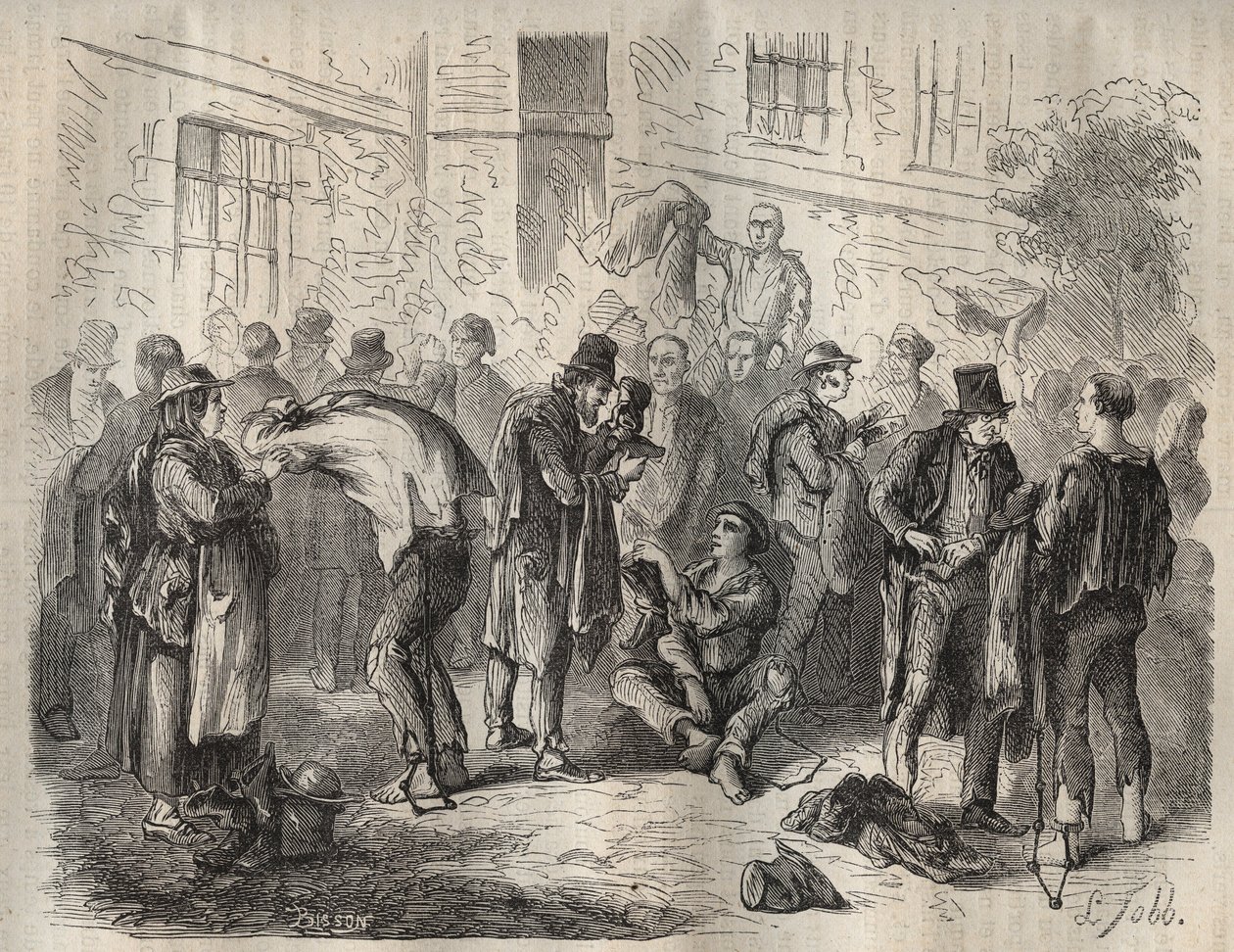 Forkatter som selger eiendelene sine før de gikk inn i Toulon Bagne på 1800-tallet. Gravering i "Fengselshistorie fra deres opprettelse til i dag"" (1877) av Pierre Zaccone (1817-1895) (Colonia Penale - straffekoloni). Privat samling. av Anonymous Anonymous