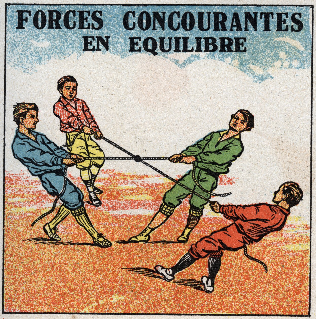 Forces: competing forces in balance. Children pulling on a ring, each by a rope from their side, while remaining in balance. Anonymous illustration from 1925. Private collection. av Anonymous Anonymous