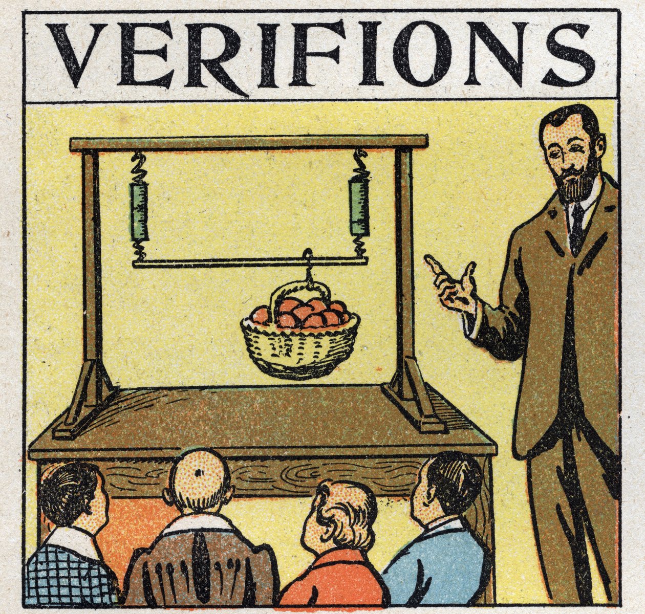 Forces: parallel forces. Basket of apples lift with a pole held by two springs. Anonymous illustration from 1925. Private collection. av Anonymous Anonymous