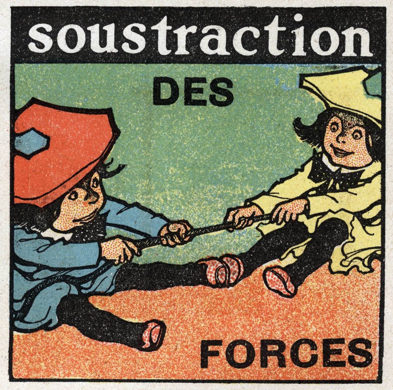 Krefter: subtraksjon av krefter. To barn som trekker i et tau. Anonym illustrasjon fra 1925. Privat samling. av Anonymous Anonymous