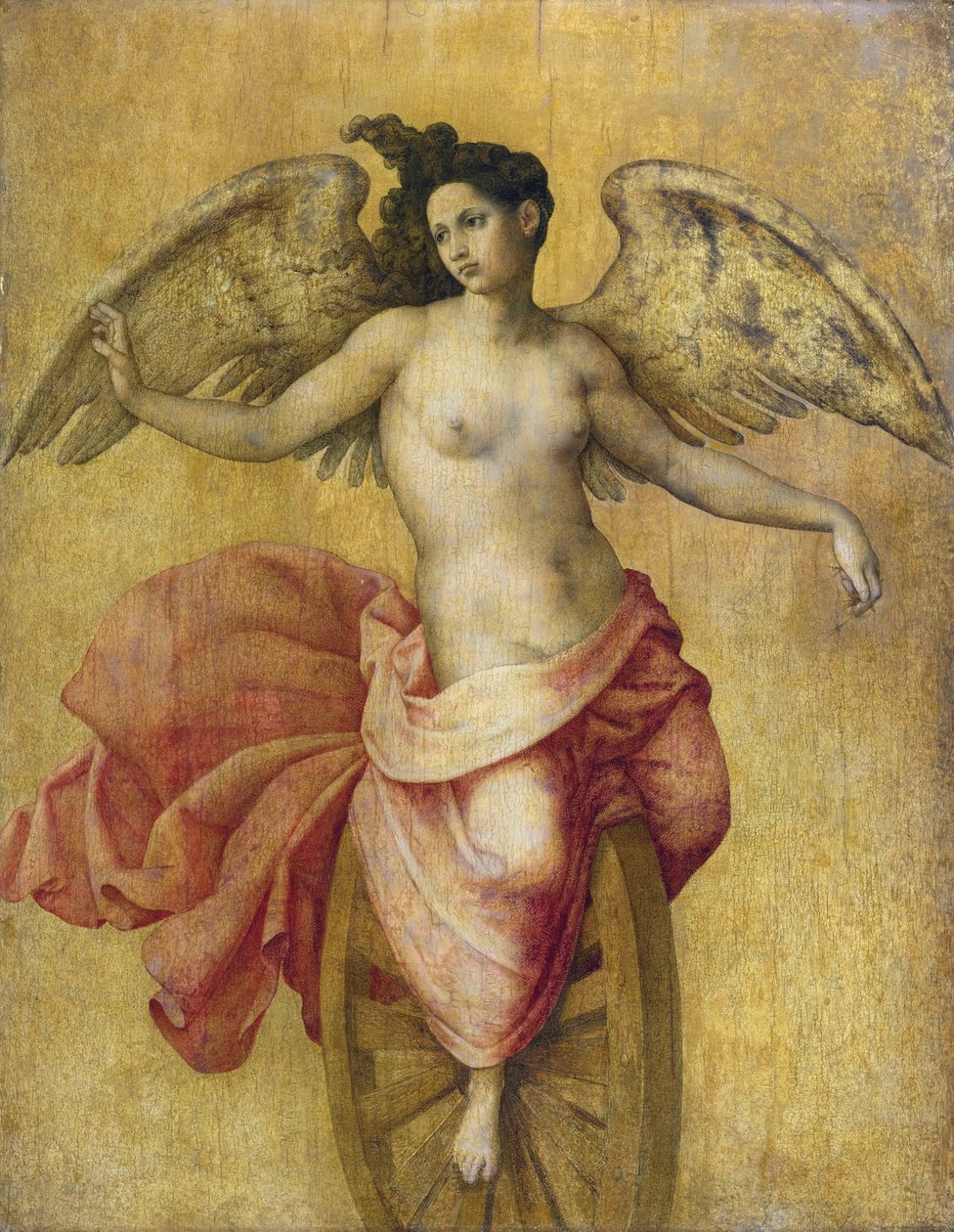 Fortune sur une roue - Fortuna på et hjul, Anonym. Olje på tre, størrelse: 78,7x61, ca. 1550, Privat samling av Anonymous Anonymous