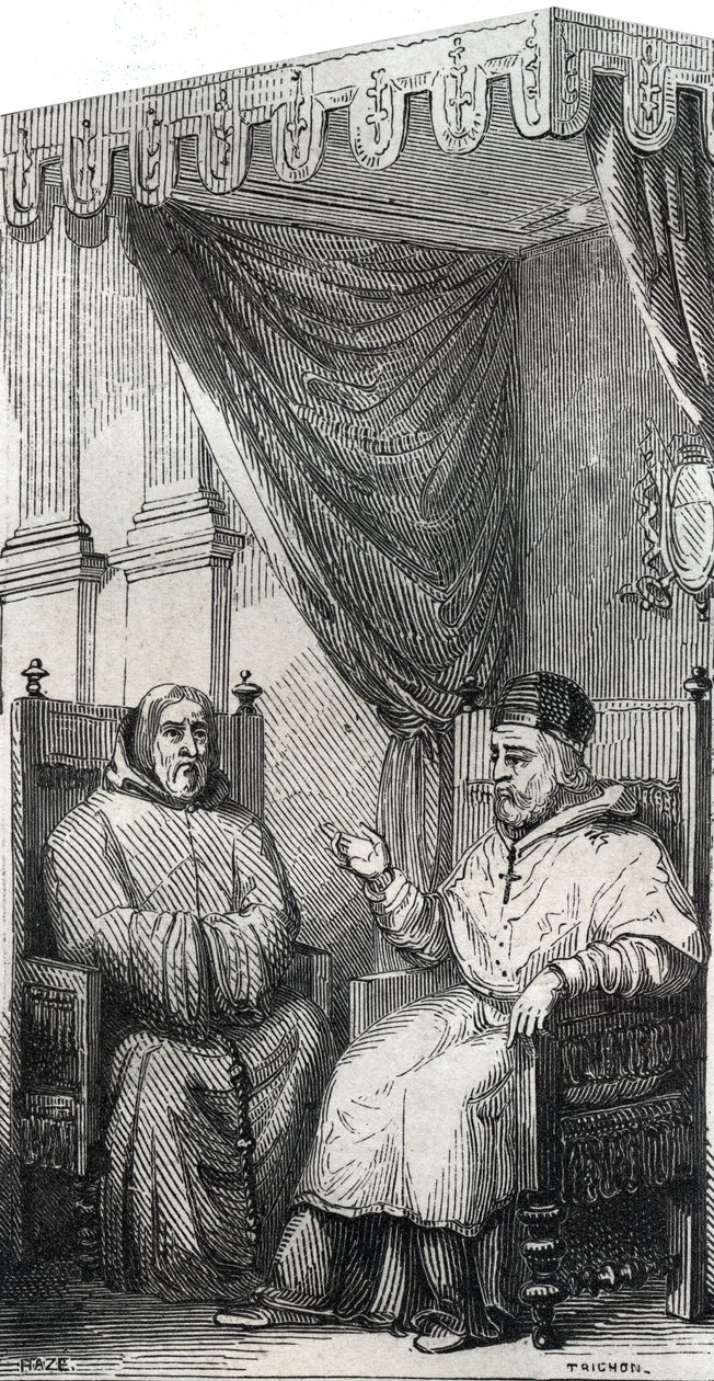 Frans av Paola grunnlegger av den romersk-katolske minimerordenen og pave Sixtus IV - Saint Francois de Paule (Francesco di Paola) (1416-1507), grunnlegger av Minimesordenen med pave Sixtus IV - Gravering av 1846 i "Lives of the Hellige"". Privat samle av Anonymous Anonymous