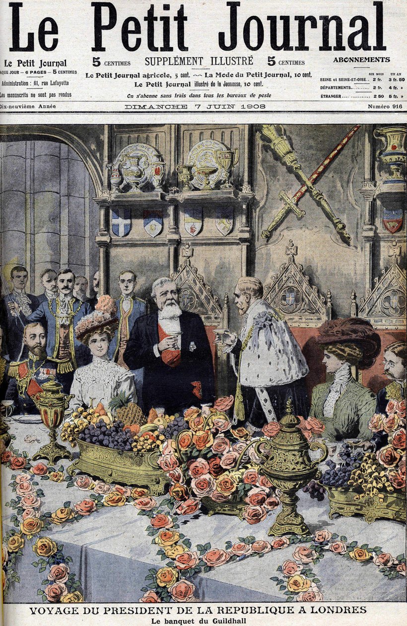 Frankrikes president Armand Fallières (1841-1931), mottatt i London av Lord Mayor, ved en bankett i Guildhall. Le petit Journal, juni 1908 (gravering) av Anonymous Anonymous