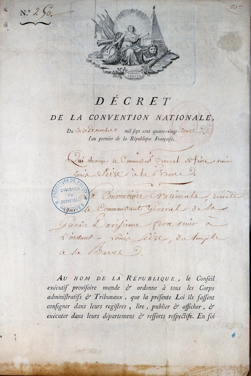 Fransk revolusjon: Dekret fra konvensjonen av 11/12/1792 som beordrer nasjonalgarden å bringe kong Louis XVI fra tempelfengselet til domstolen. Paris. Politiprefekturet av Anonymous Anonymous