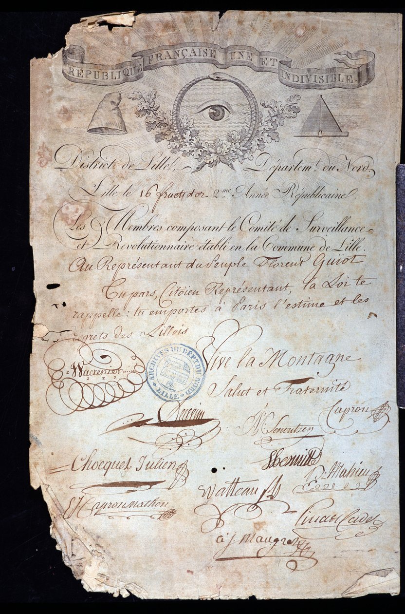 Fransk revolusjon: attestering av statsborgerskap fra Guiot de Saint-Florent (Saint Florent) dit Florent-Guiot (eller Florent-Guyot) (1735-1834), en revolusjonær og representant for folket, av den revolusjonære komiteen i Lille datert 16 år II (02.09.1 av Anonymous Anonymous