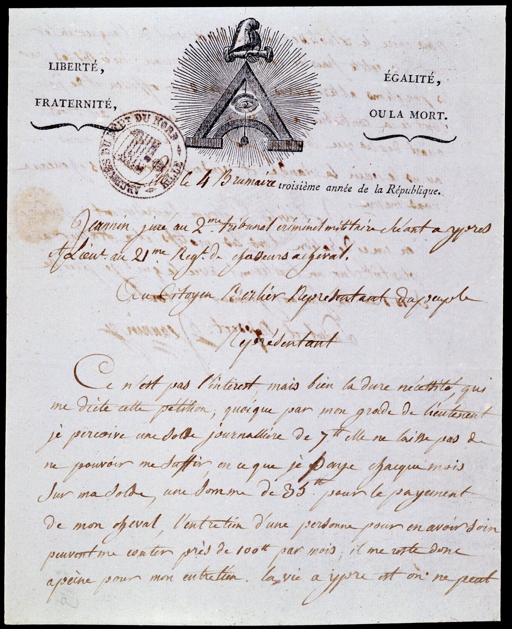 Fransk revolusjon: første side og overskrift til et militært administrativt brev 4 tåkeår III (25/10/1794) datert 18 Frimaire år III (08/12/1794) med den republikanske inskripsjonen "Liberte Egalite, Fraternite ou la Mort" og symboler fra Franco-Maconnerie av Anonymous Anonymous
