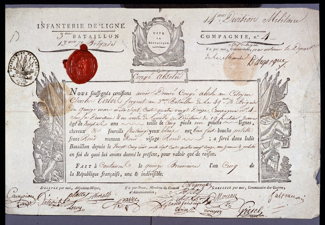 Fransk revolusjon: offisielt dokument av militær conge datert 15. Brumaire år V (05/11/1796) av en sersjant fra distriktet Coutances. Avdelingsarkivet Nord Lille av Anonymous Anonymous