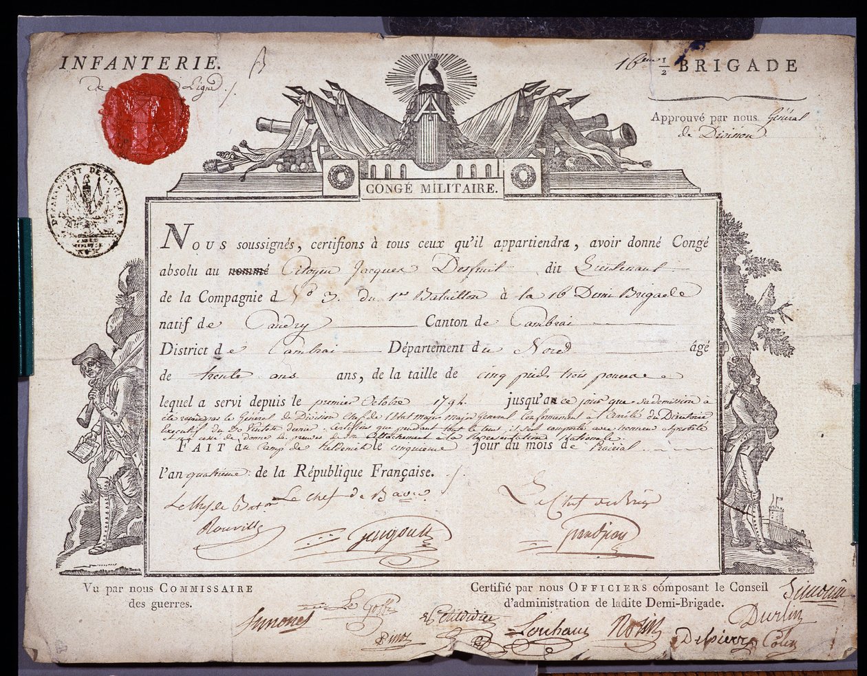 Fransk revolusjon: offisielt dokument av militær conge datert 5 Prairial år IV (24/05/1796) av en løytnant fra brigaden i distriktet Cambrai. Avdelingsarkivet Nord Lille av Anonymous Anonymous