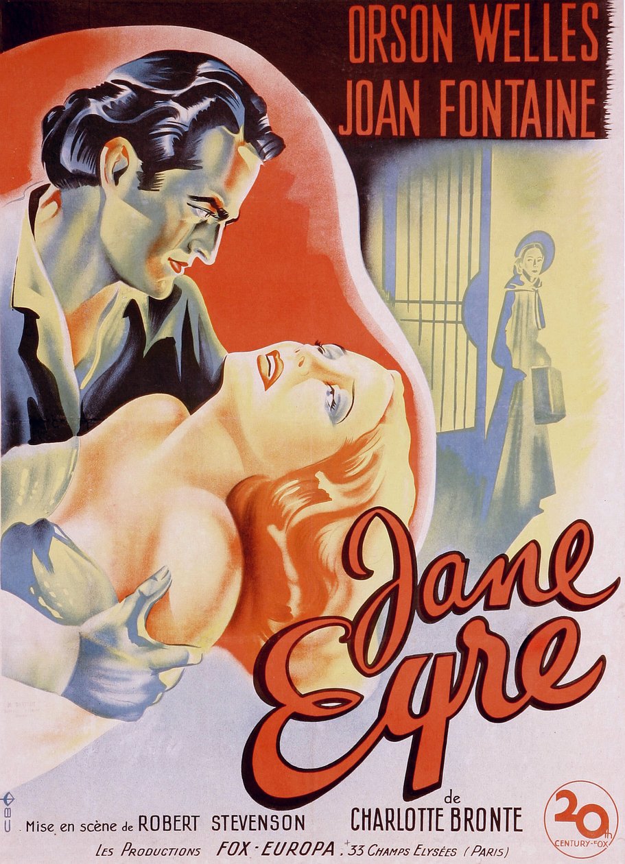 Fransk filmplakat for filmen "" Jane Eyre" skrevet av Charlotte Bronte og regissert av Robert Stevenson i 1944 med skuespillerne Orson Welles som Edward Rochester og Joan Fontaine som Jane. Privat samling. av Anonymous Anonymous